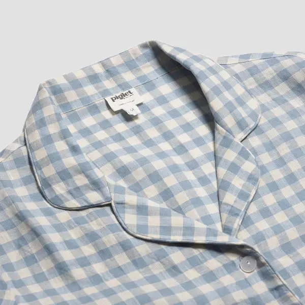Warm Blue Gingham Linen Pyjama Shorts Set