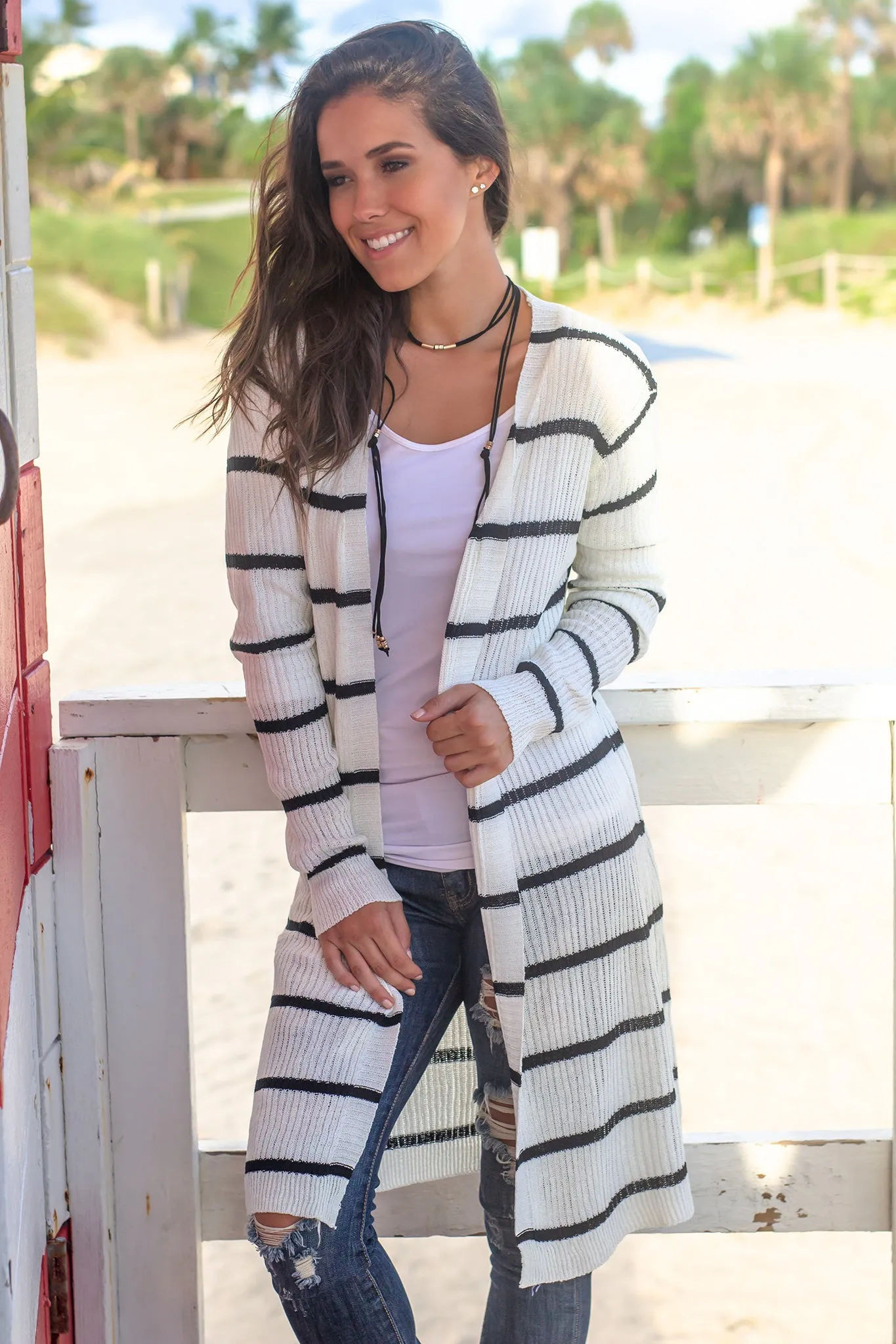 White and Black Striped Cardigan