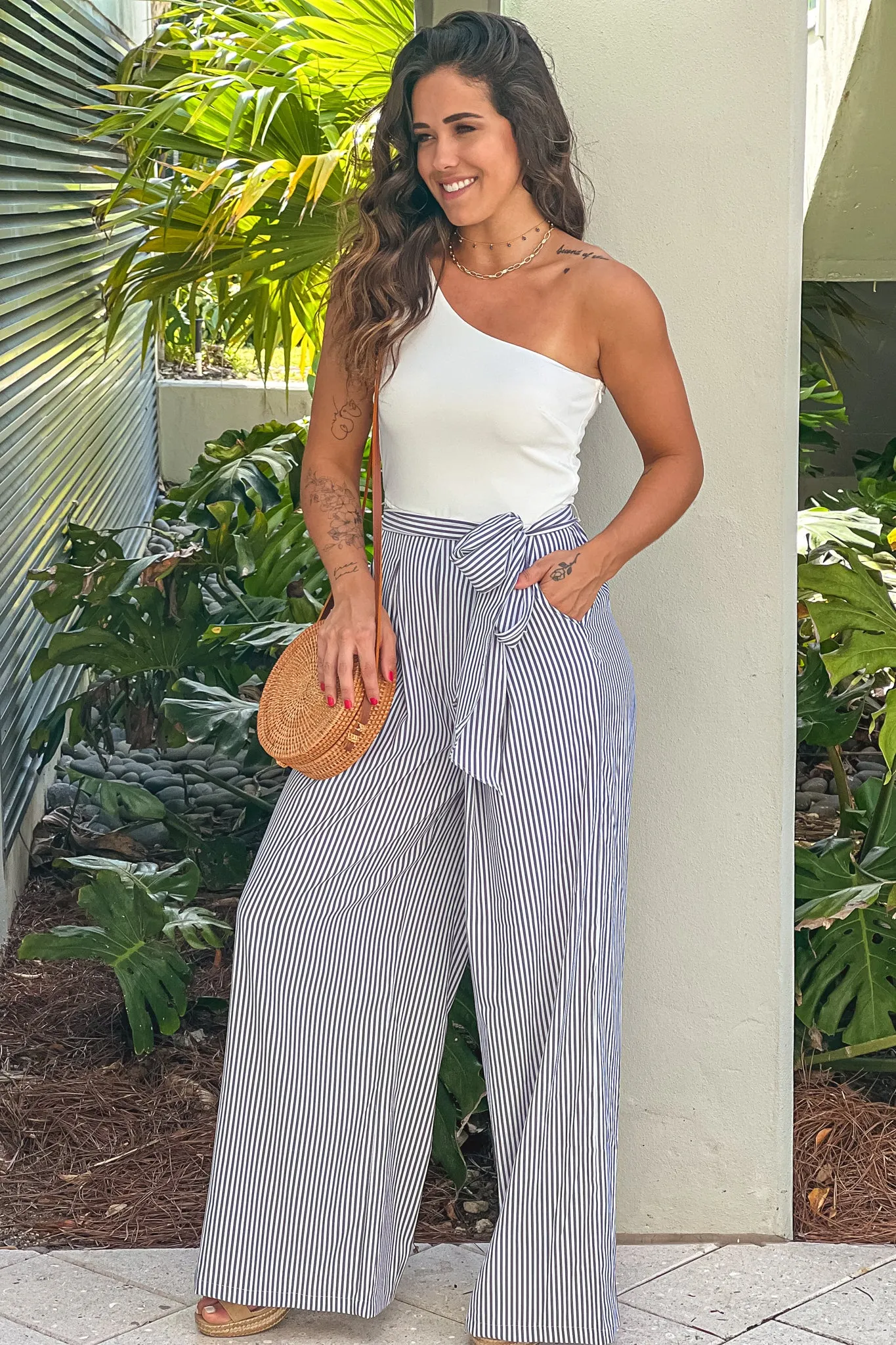 White And Black Striped One Shoulder Jumpsuit