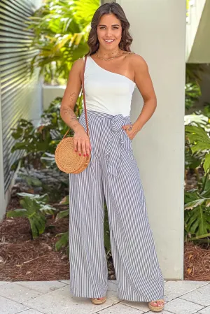 White And Black Striped One Shoulder Jumpsuit