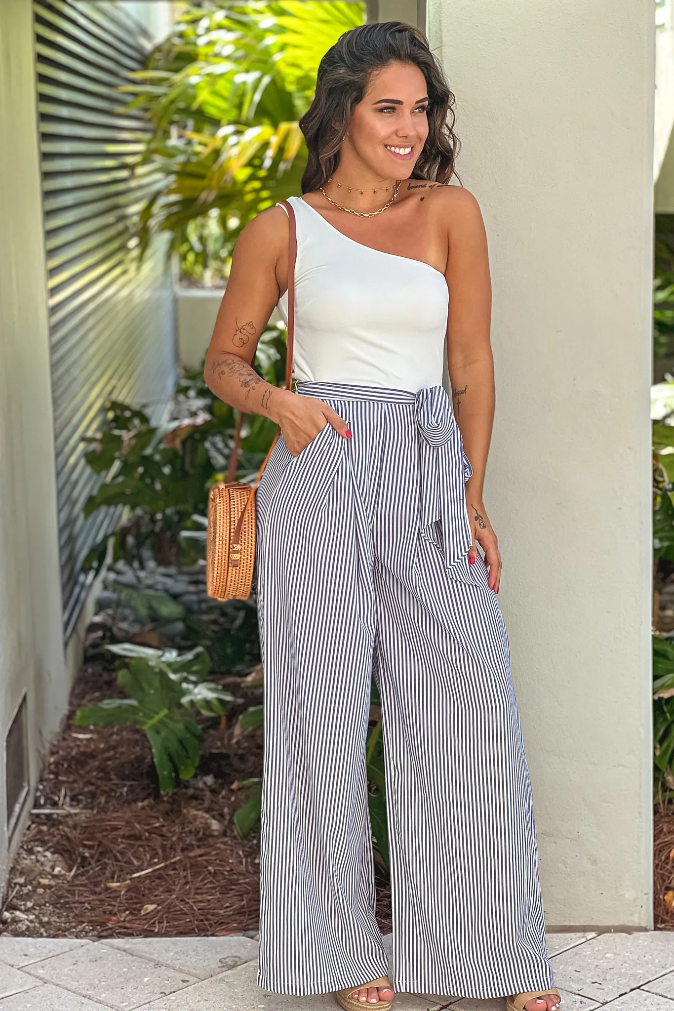 White And Black Striped One Shoulder Jumpsuit