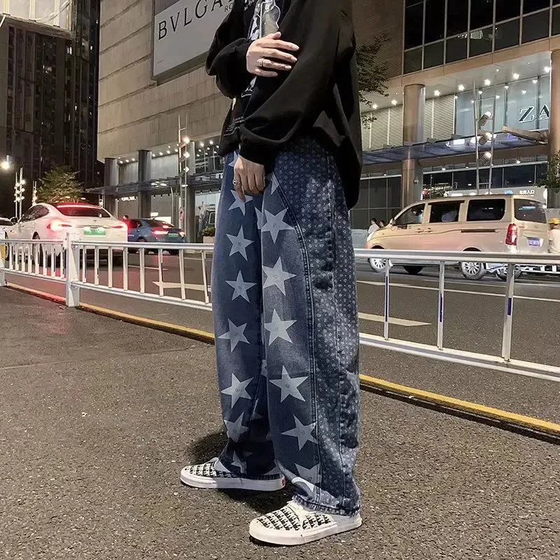 Wiaofellas  -  High Street Jeans Star Print Jeans Cashew Flower Stitching Retro Jeans Men's Casual Pants Patchwork Jeans