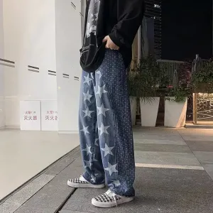 Wiaofellas  -  High Street Jeans Star Print Jeans Cashew Flower Stitching Retro Jeans Men's Casual Pants Patchwork Jeans