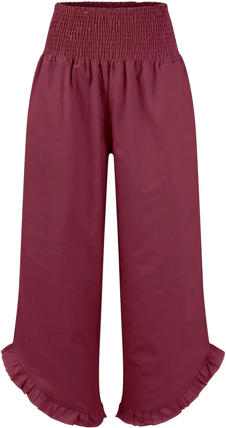 Wide Leg Linen Pants Women Flowy Smocked High Waisted Palazzo Pants Trousers Lounge Beach Pants with Pockets