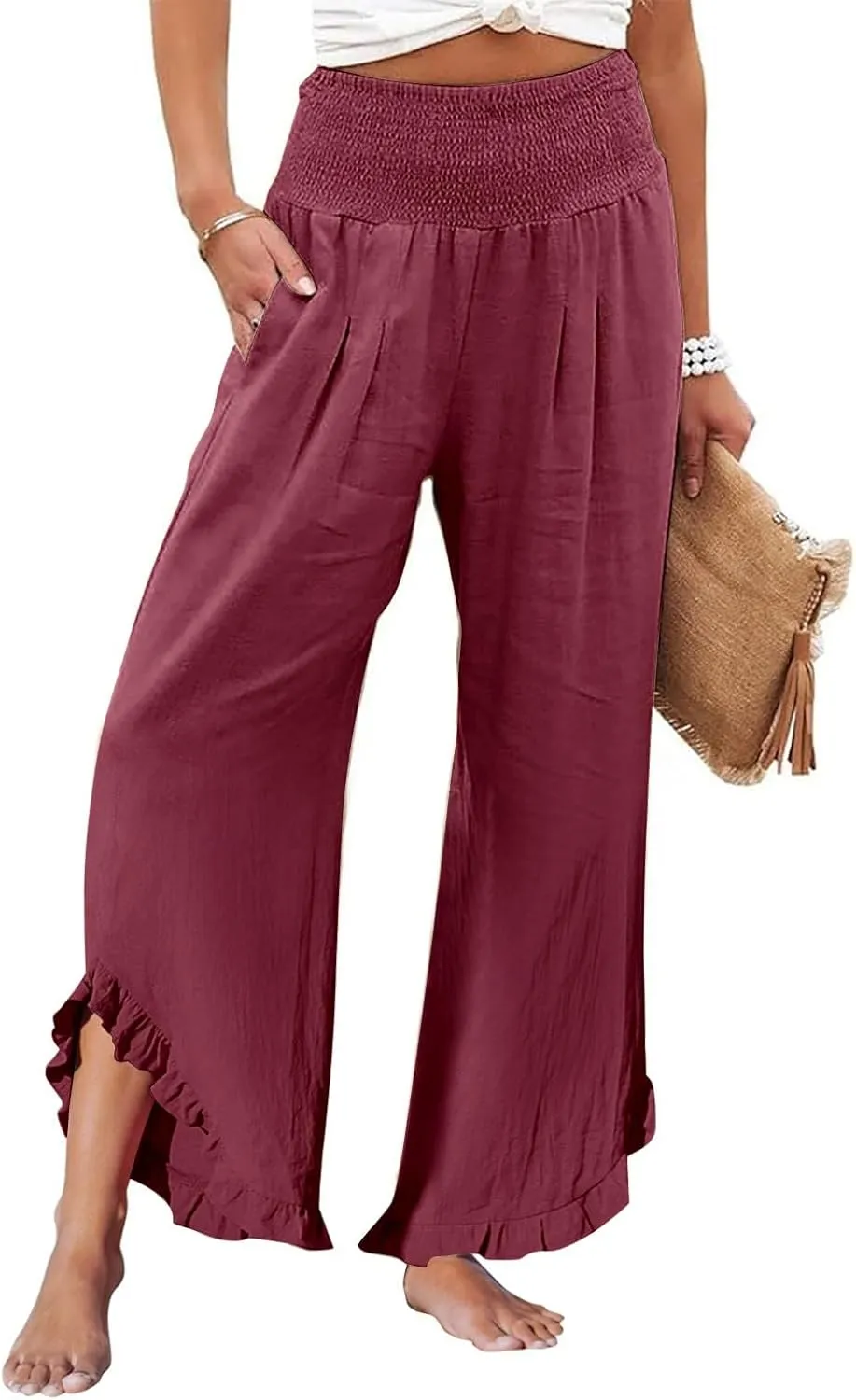 Wide Leg Linen Pants Women Flowy Smocked High Waisted Palazzo Pants Trousers Lounge Beach Pants with Pockets