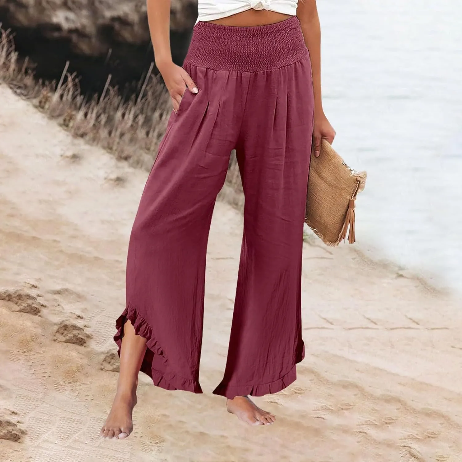 Wide Leg Linen Pants Women Flowy Smocked High Waisted Palazzo Pants Trousers Lounge Beach Pants with Pockets