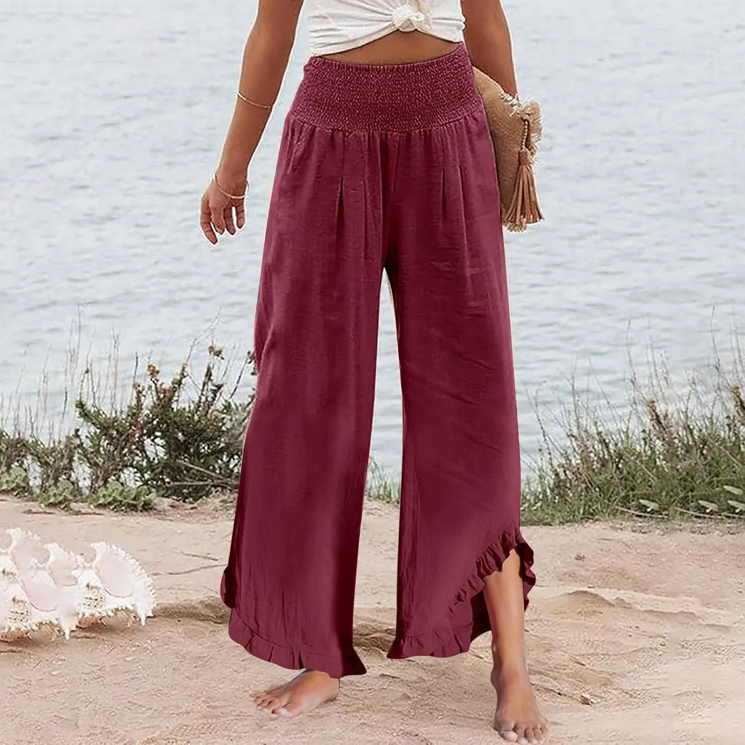 Wide Leg Linen Pants Women Flowy Smocked High Waisted Palazzo Pants Trousers Lounge Beach Pants with Pockets