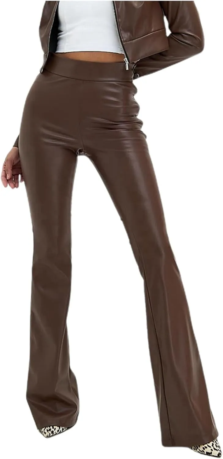 Women Faux Leather Flare Pants High Waisted Skinny Bell Bottoms Pu Leggings Casual Trendy Bootcut Pants with Pockets