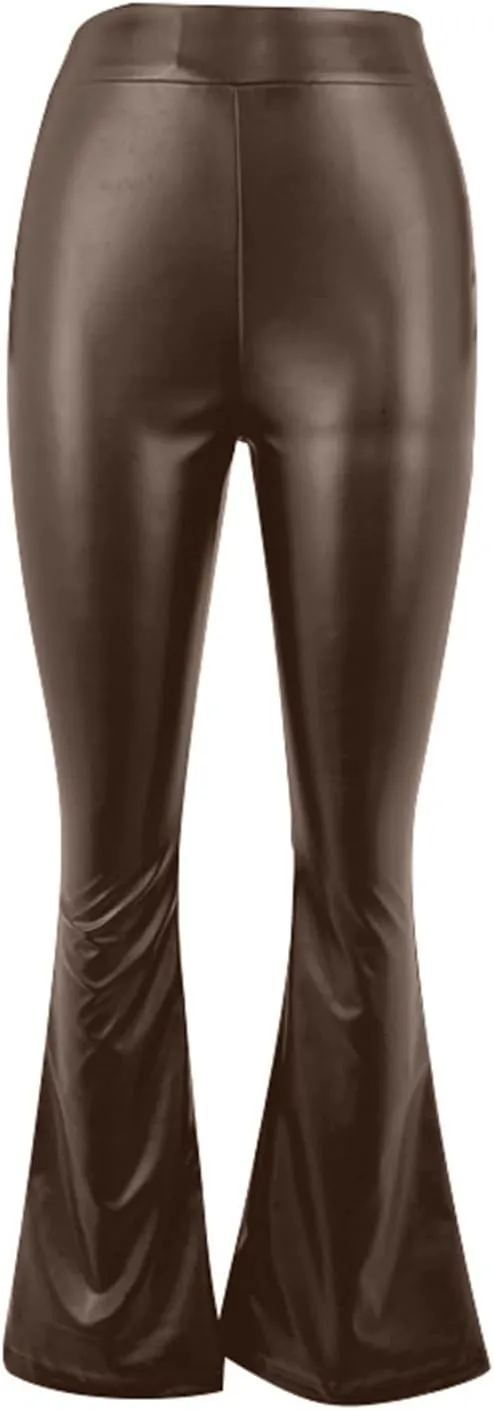 Women Faux Leather Flare Pants High Waisted Skinny Bell Bottoms Pu Leggings Casual Trendy Bootcut Pants with Pockets