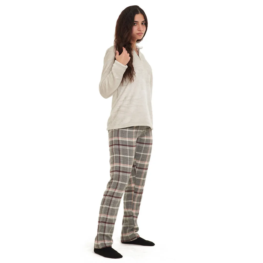 Women Winter Pajama Set Light Grey sweatshirt   Grey x Simon Checkered pants