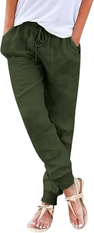 Women's Casual Lantern Tapered Harem Pants Drawstring Loose Linen Pants Women Summer Trousers Baggy Slacks with Pockets