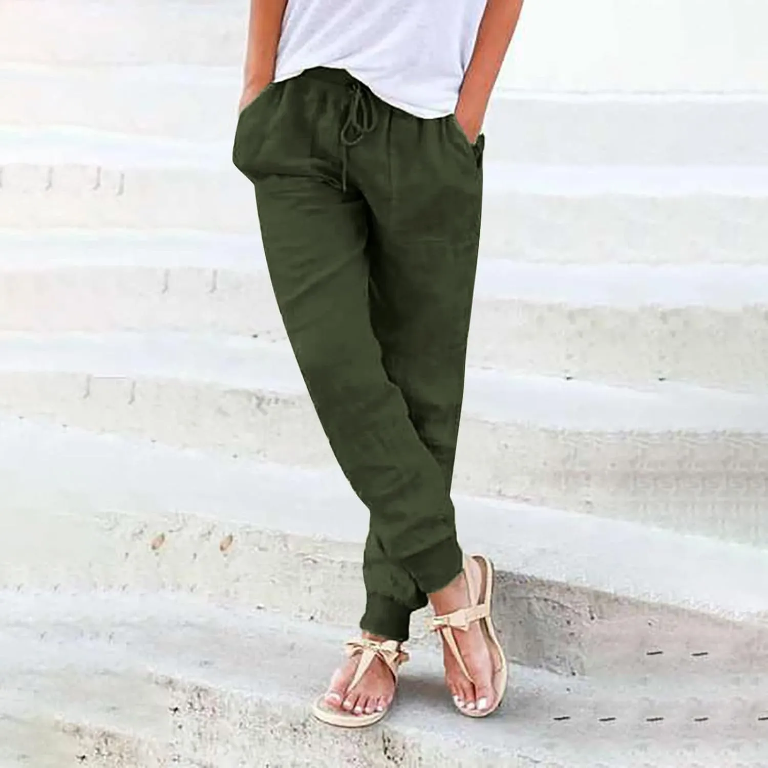 Women's Casual Lantern Tapered Harem Pants Drawstring Loose Linen Pants Women Summer Trousers Baggy Slacks with Pockets