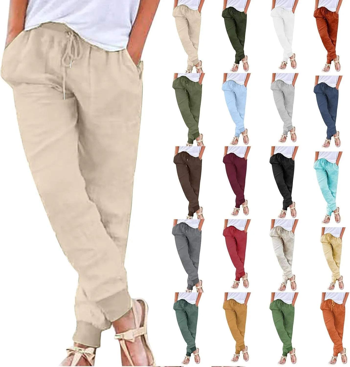 Women's Casual Lantern Tapered Harem Pants Drawstring Loose Linen Pants Women Summer Trousers Baggy Slacks with Pockets