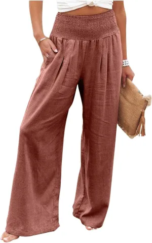 Women's Cotton Linen Wide Leg Pants Summer Smocked High Waisted Palazzo Trousers with Pockets Beach Cover Up