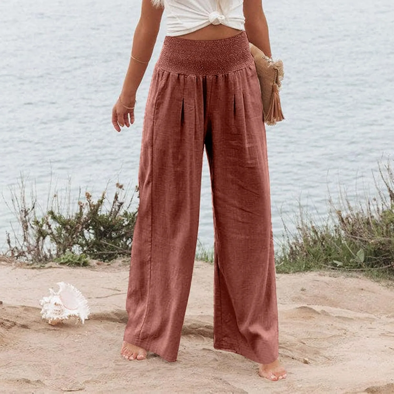 Women's Cotton Linen Wide Leg Pants Summer Smocked High Waisted Palazzo Trousers with Pockets Beach Cover Up