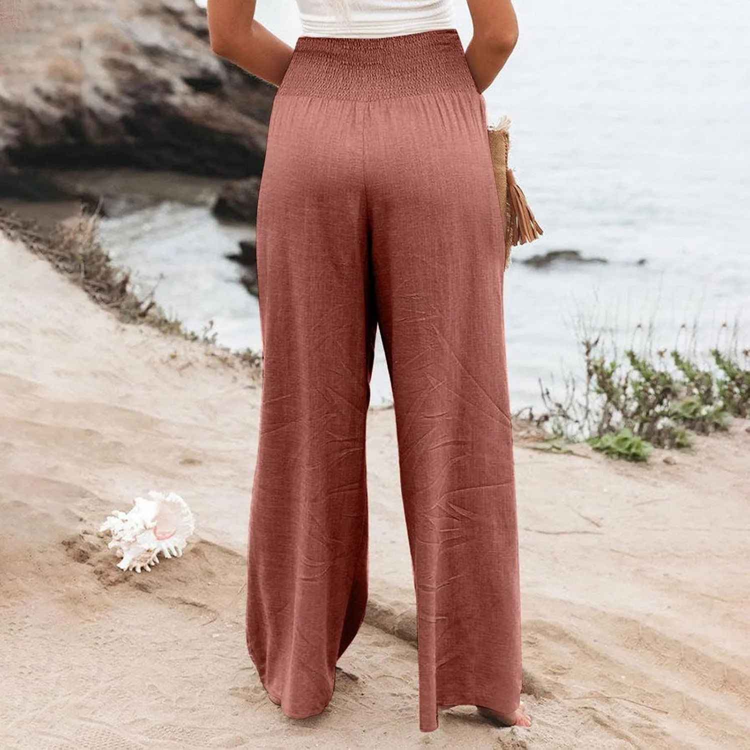 Women's Cotton Linen Wide Leg Pants Summer Smocked High Waisted Palazzo Trousers with Pockets Beach Cover Up