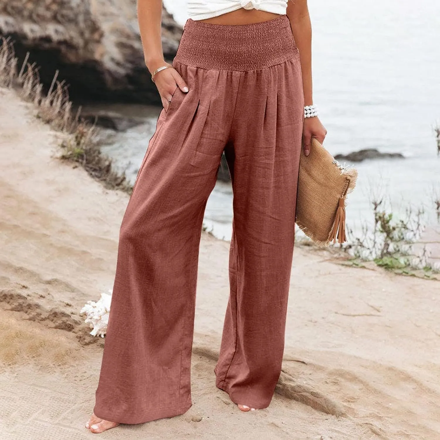 Women's Cotton Linen Wide Leg Pants Summer Smocked High Waisted Palazzo Trousers with Pockets Beach Cover Up