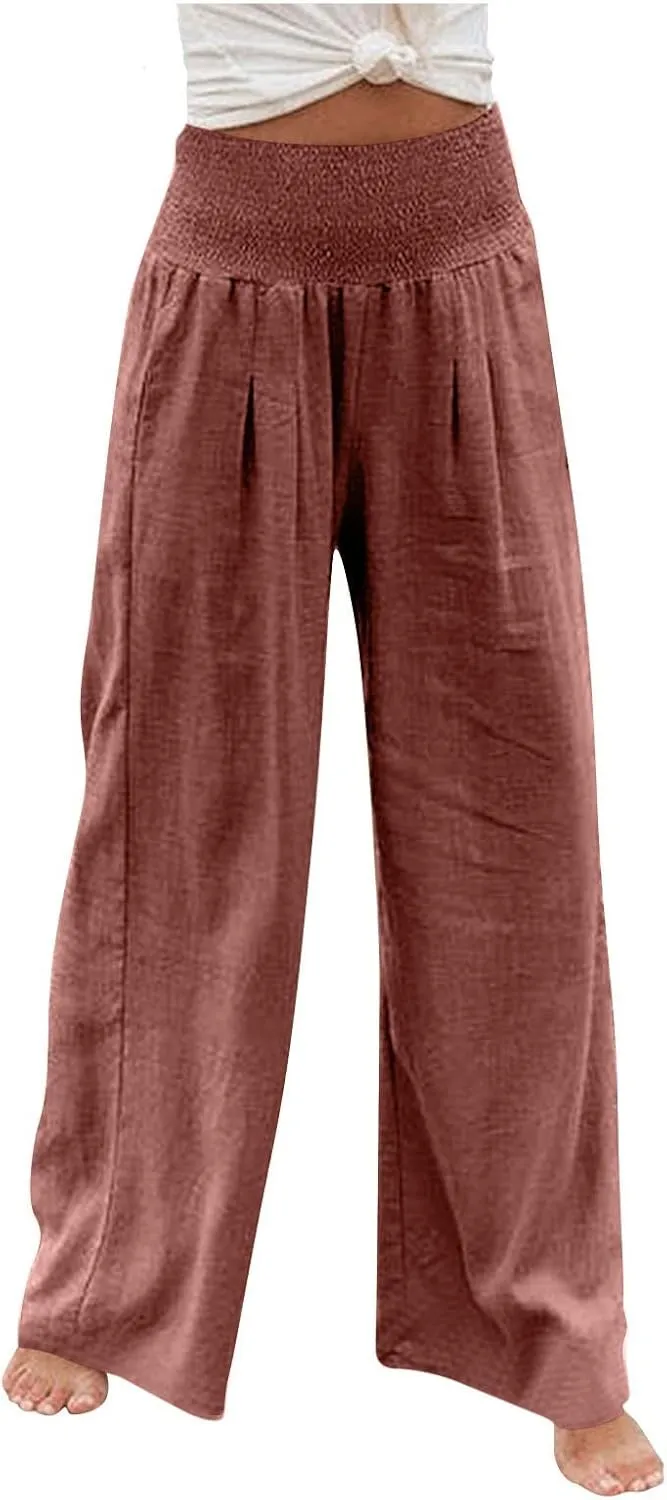 Women's Cotton Linen Wide Leg Pants Summer Smocked High Waisted Palazzo Trousers with Pockets Beach Cover Up