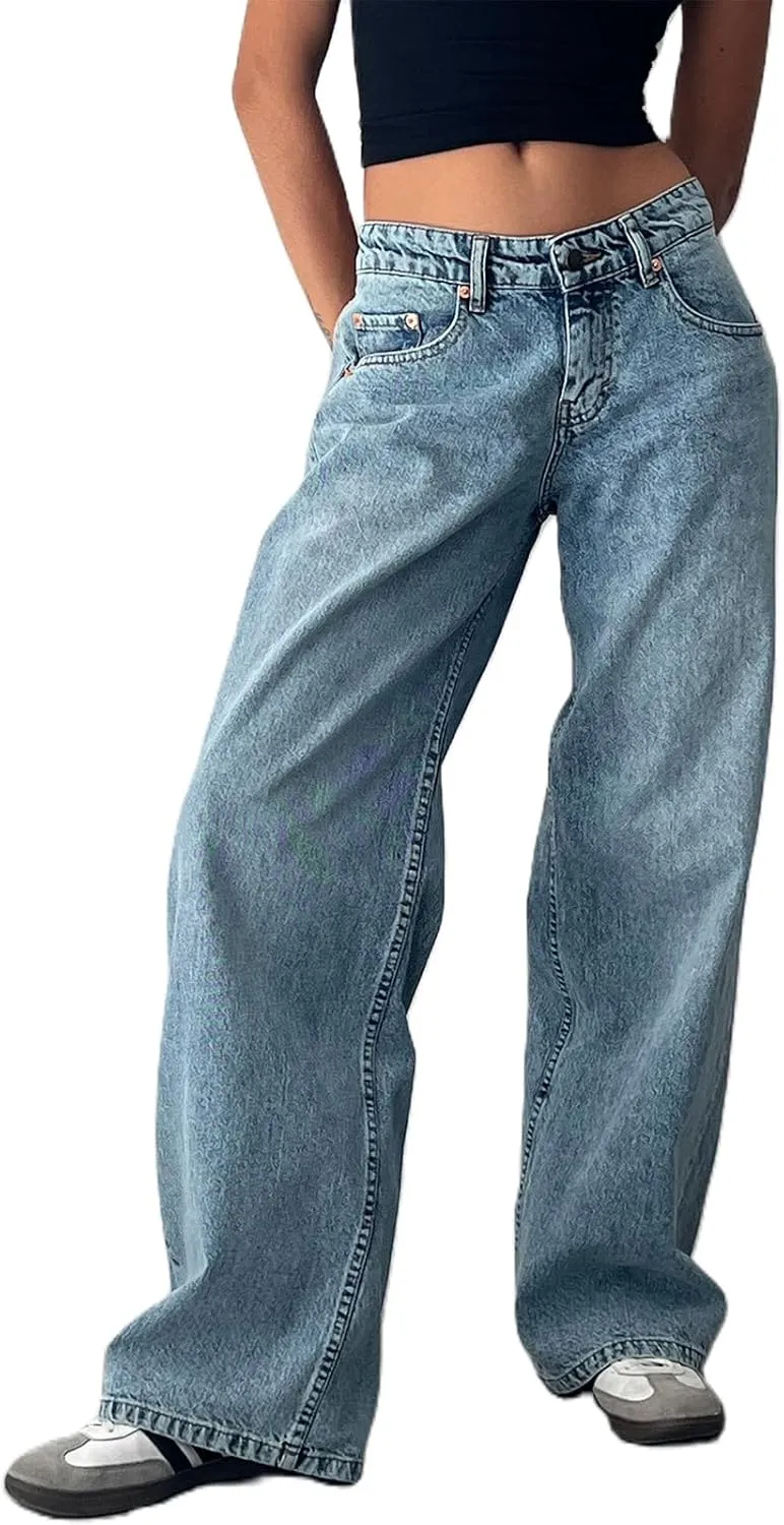Women's Y2K Wide Leg Denim Pants Baggy Low Waist Wide Leg Boyfriend Jeans Casual Vintage Loose Jeans Streetwear