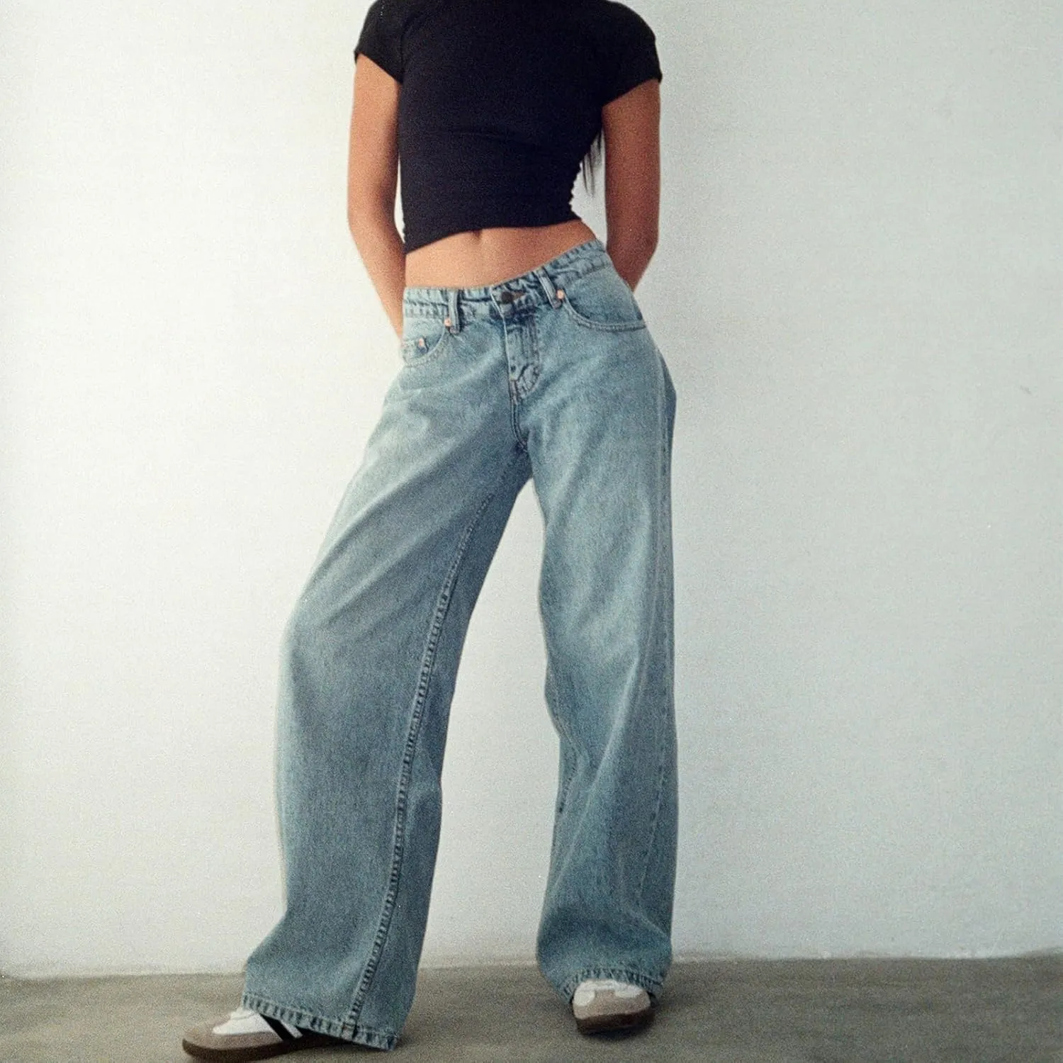 Women's Y2K Wide Leg Denim Pants Baggy Low Waist Wide Leg Boyfriend Jeans Casual Vintage Loose Jeans Streetwear