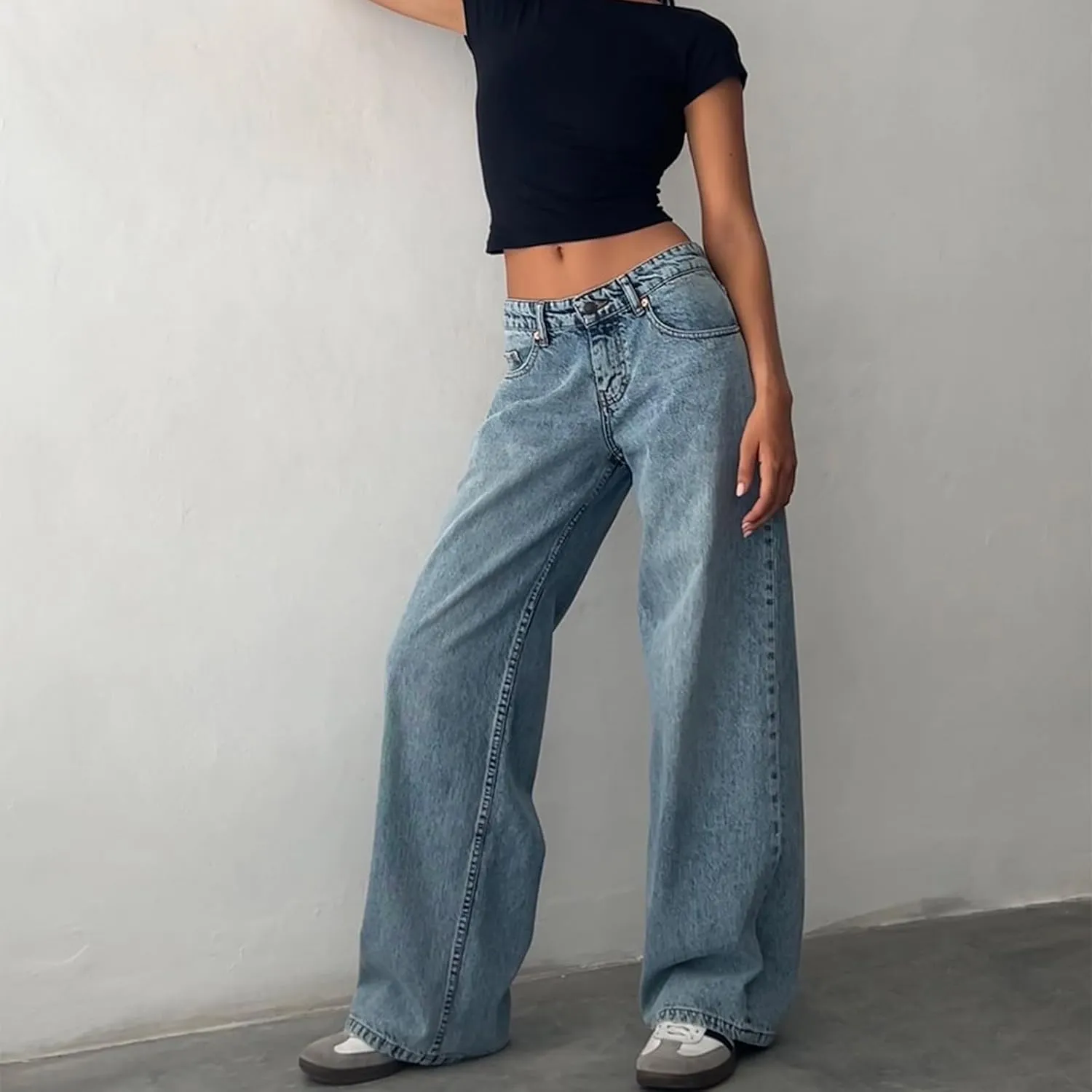Women's Y2K Wide Leg Denim Pants Baggy Low Waist Wide Leg Boyfriend Jeans Casual Vintage Loose Jeans Streetwear