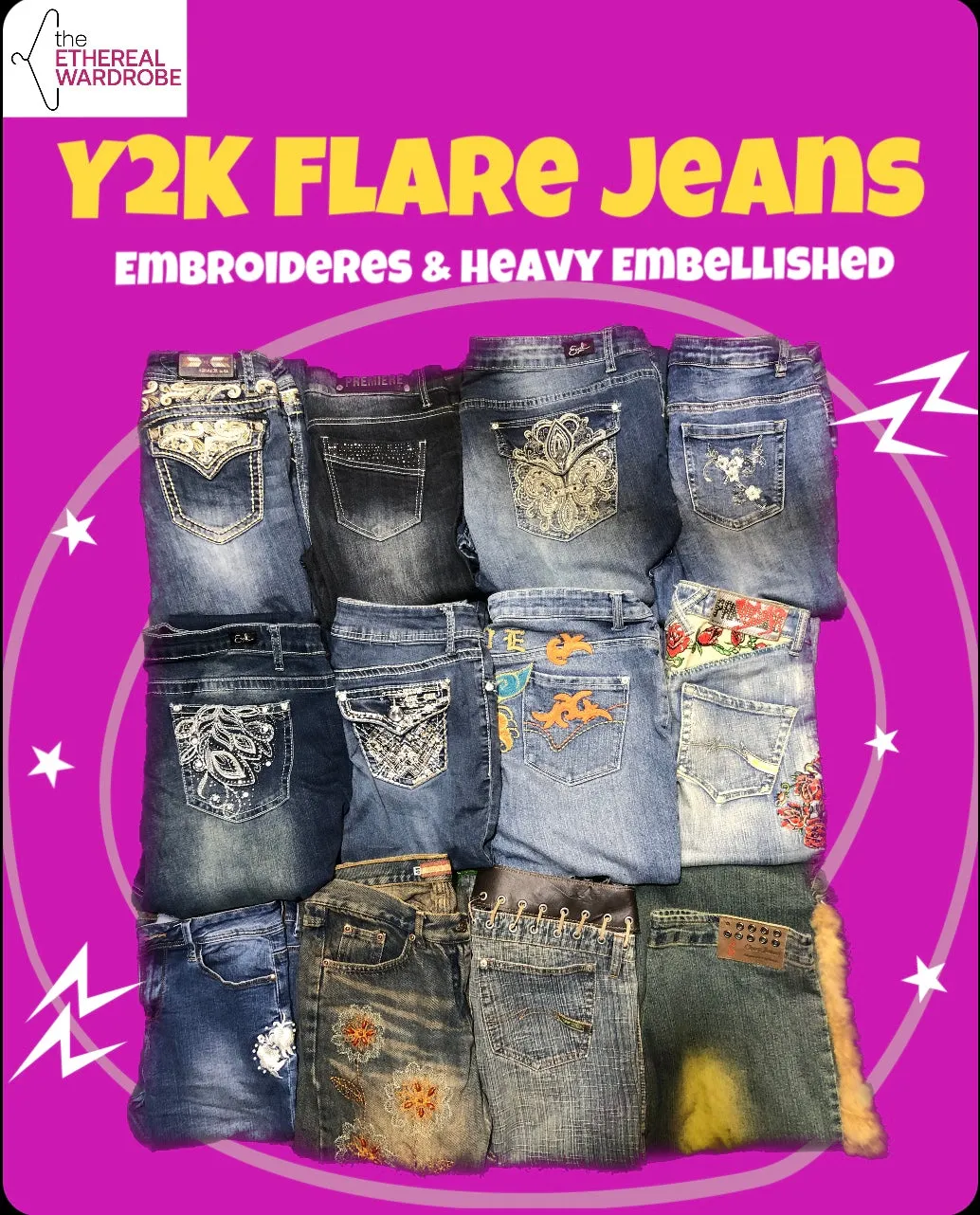 Y2K Embroidered / Heavy Embellished Flare Jeans for Women